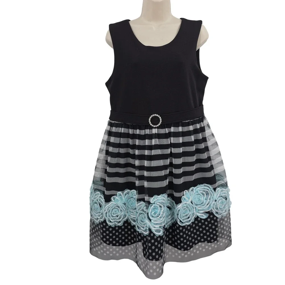 Bonnie Jean Dress Girls 20 Plus Black Stripe Dot Aqua Floral Tulle Belt Party